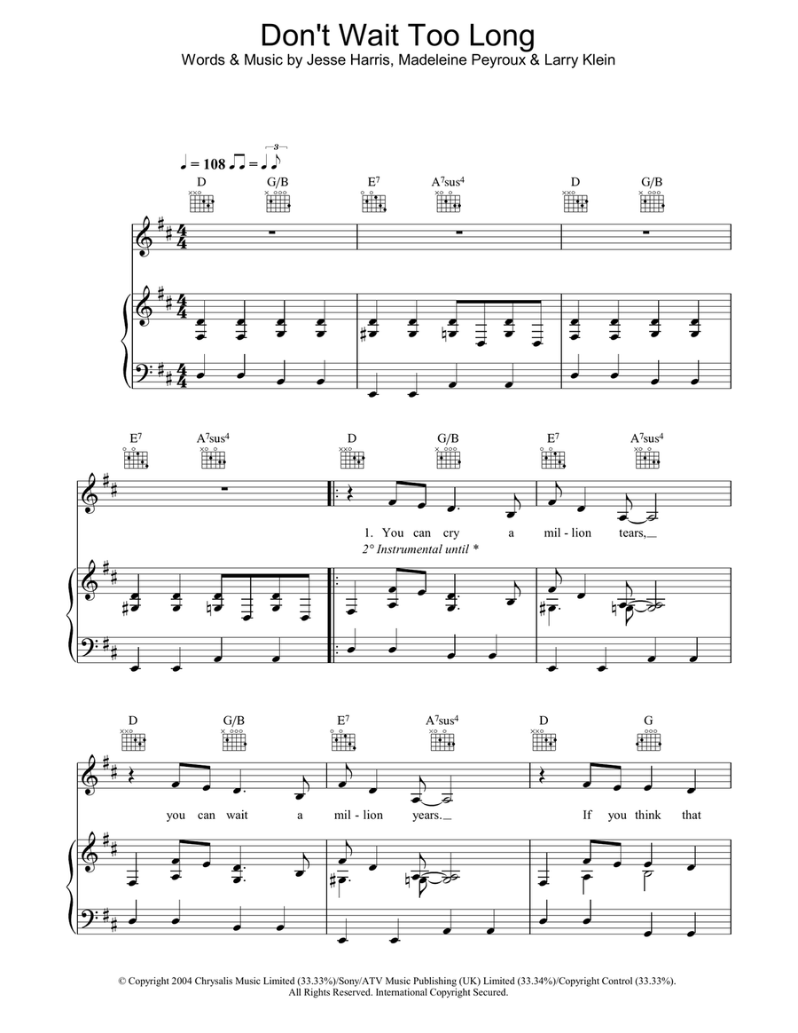 Don't Wait Too Long Piano, Vocal, Guitar scores gallery preview page 1