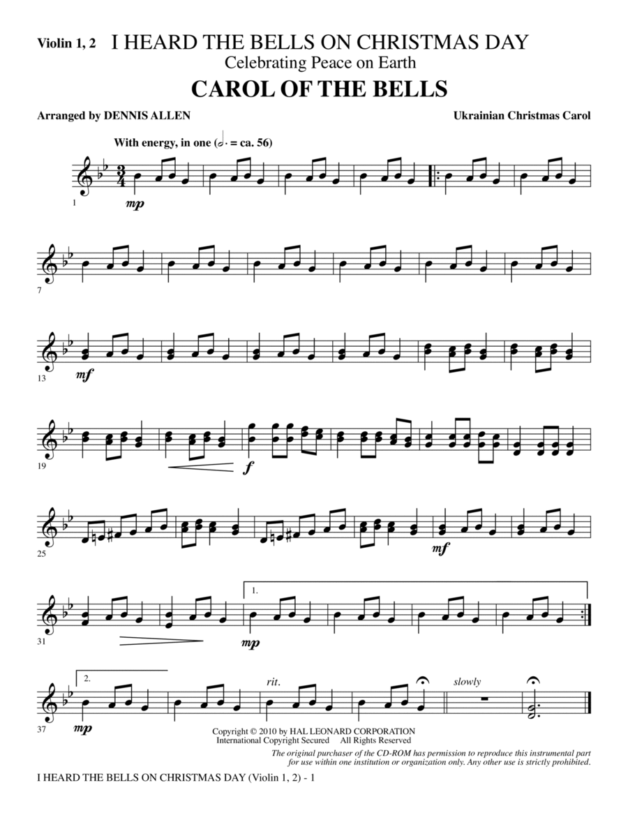 I Heard The Bells On Christmas Day (Celebrating Peace On Earth) - Violin 1, 2 Choir scores gallery preview page 1