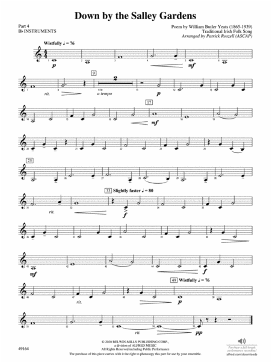 Down by the Salley Gardens: Part 4 - B-flat Instruments Concert Band scores gallery preview page 1
