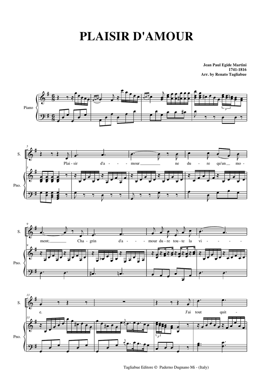 PLAISIR D'AMOUR - Martini - Arr. for Soprano/Tenor (or any instr. in C, Bb, Eb) and Piano 2-Part scores gallery preview page 2