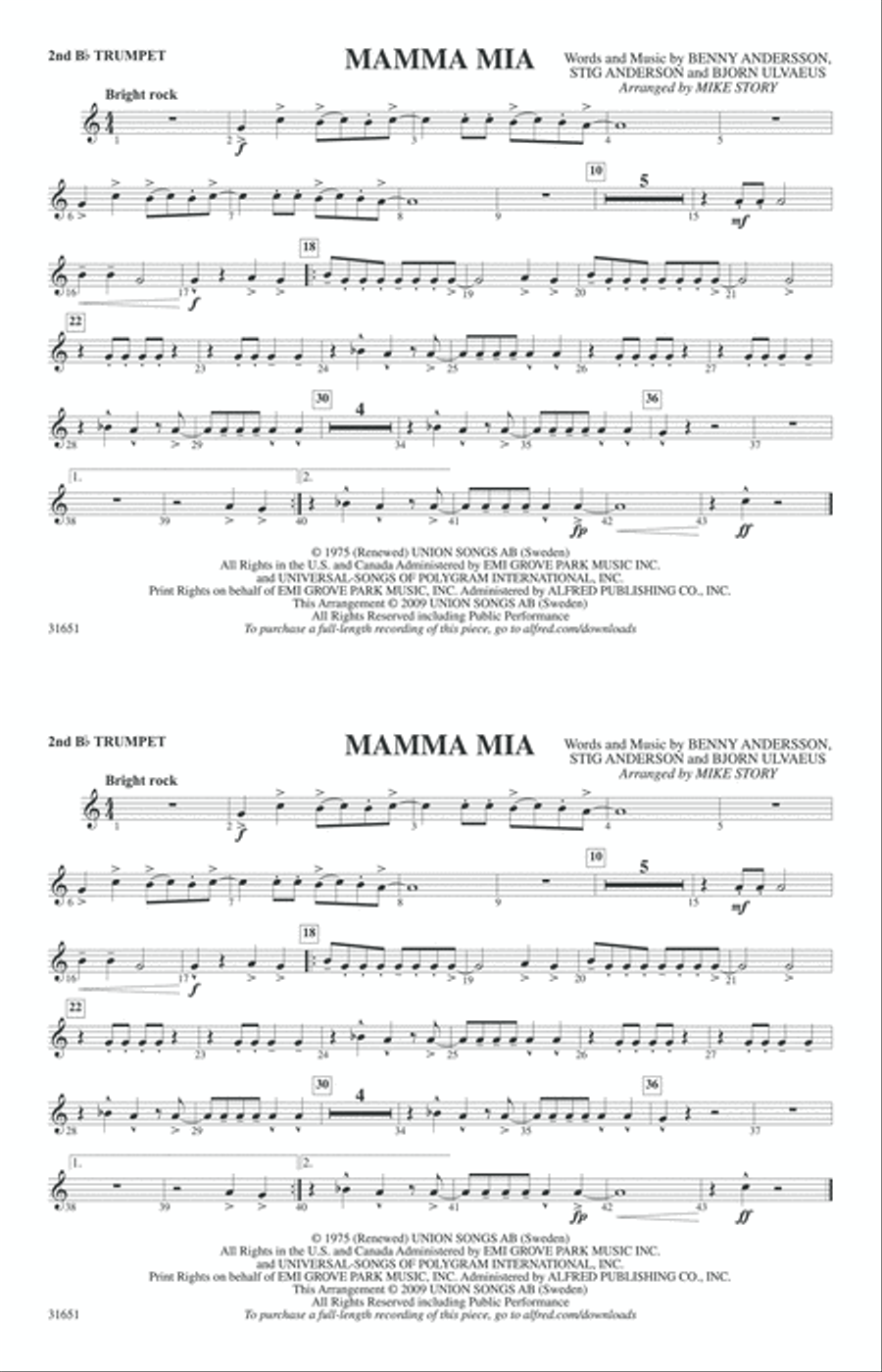 Mamma Mia: 2nd B-flat Trumpet Marching Band scores gallery preview page 1