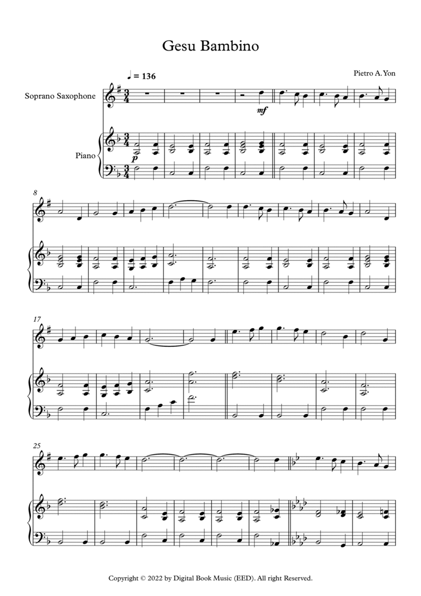 Gesu Bambino (The Infant Jesus) - Pietro A. Yon (Soprano Sax + Piano) image number null