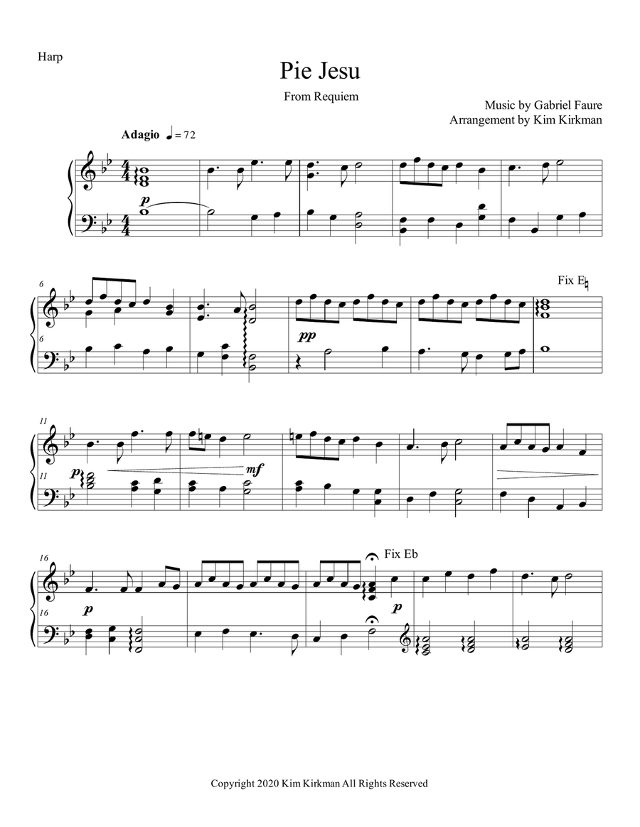Pie Jesu from Requiem by Gabriel Faure arranged for solo harp Harp scores gallery preview page 1