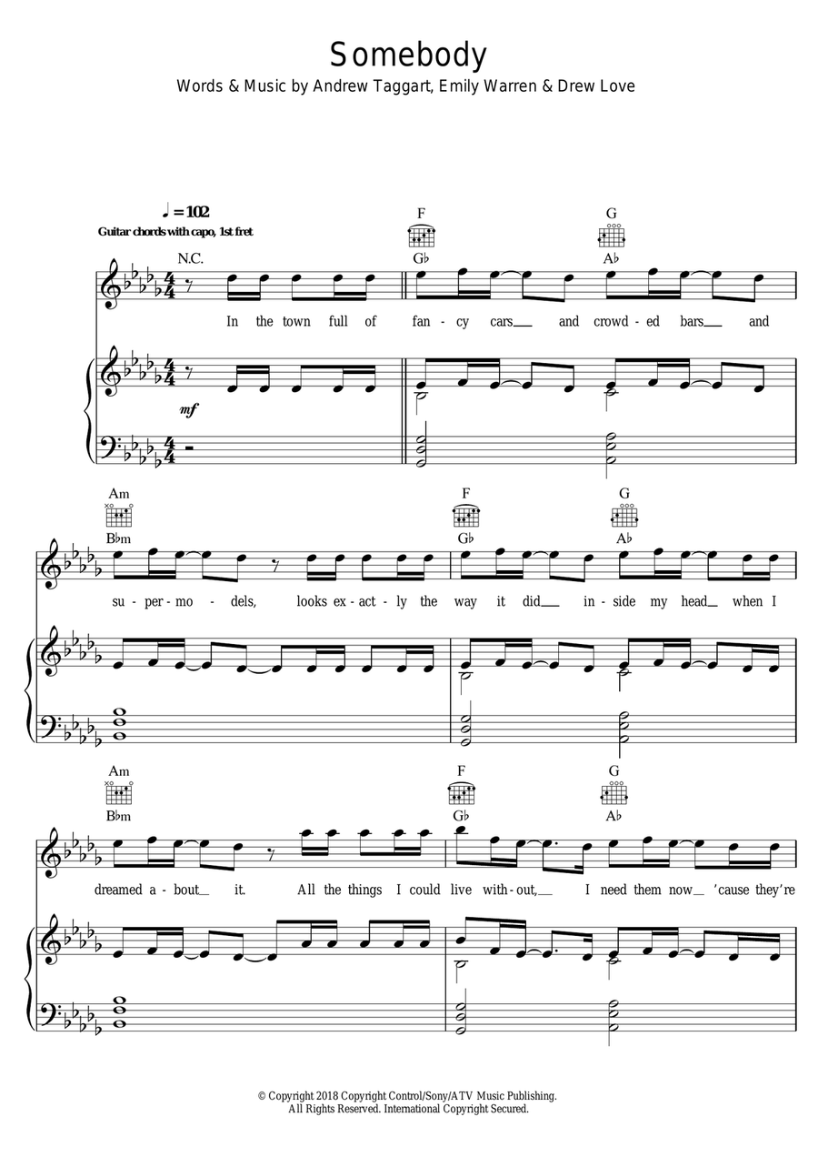 Somebody Piano, Vocal scores gallery preview page 1