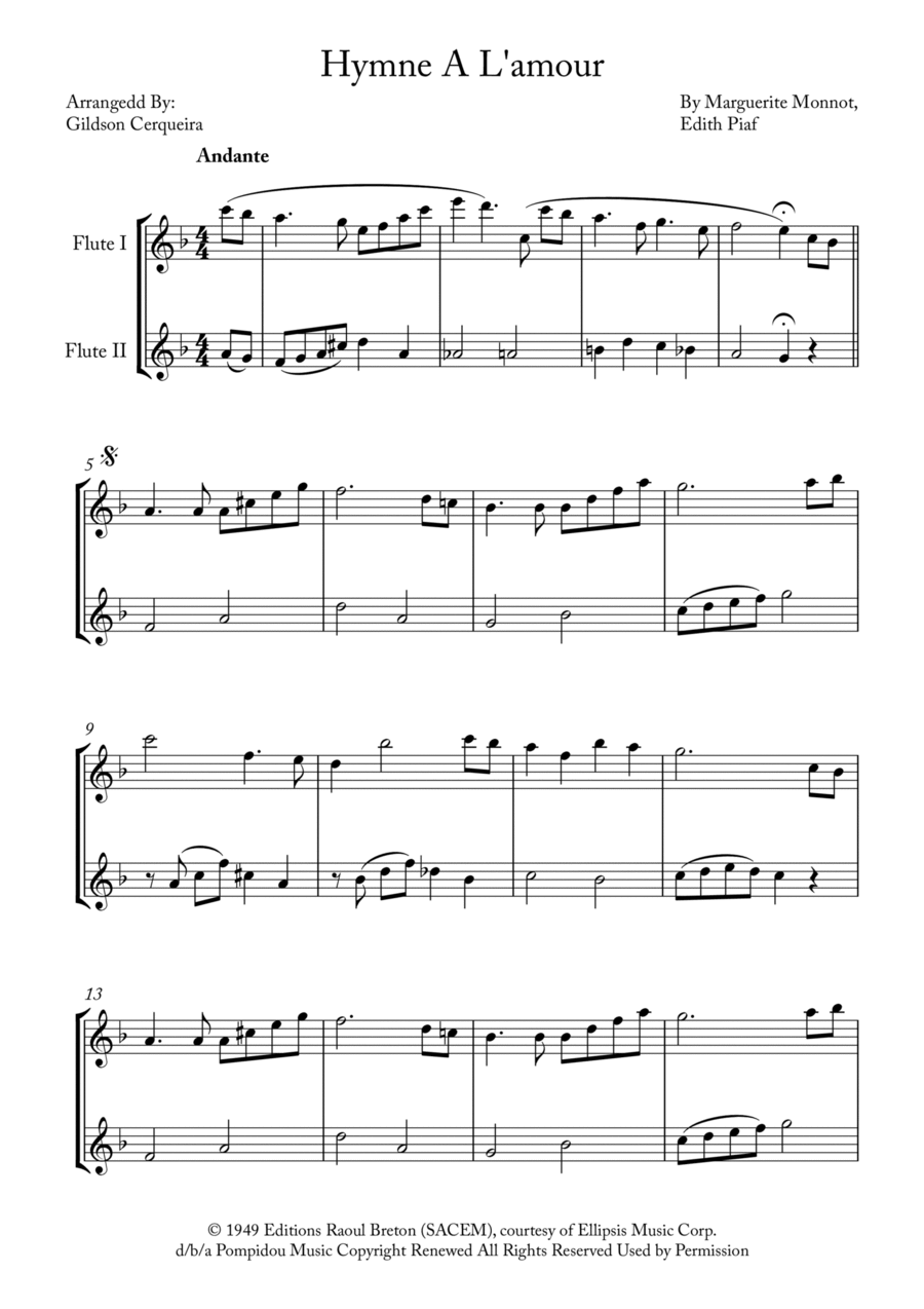 Hymne A L'amour Flute Duet scores gallery preview page 1