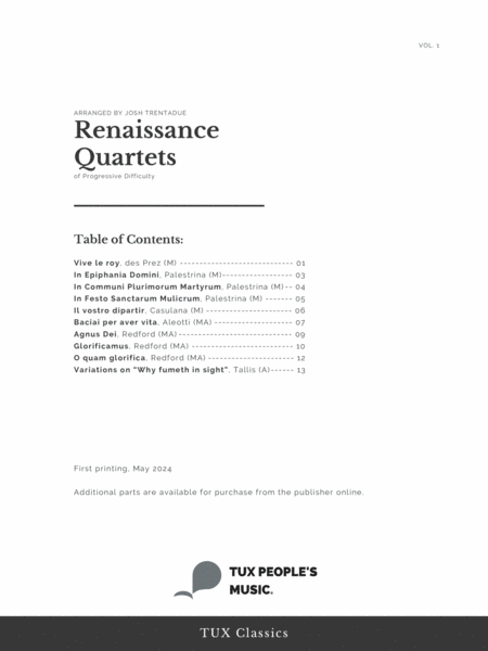 Renaissance Quartets of Progressive Difficulty, Volume 1
