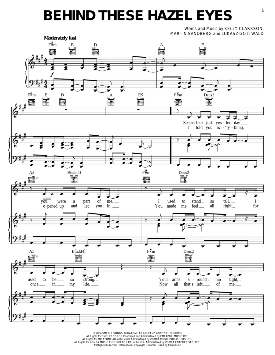 Behind These Hazel Eyes Piano, Vocal, Guitar scores gallery preview page 1