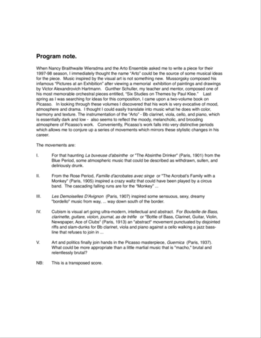 Yo Picasso (1997) for clarinet, viola, cello and piano Small Ensemble scores gallery preview page 2