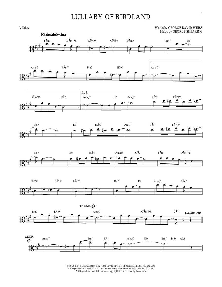 Lullaby Of Birdland Lullaby Of Birdland Viola Solo scores gallery preview page 1