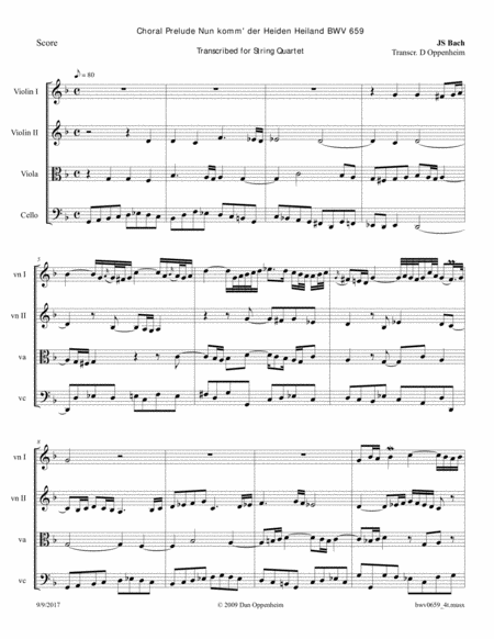 Bach: Prelude - Nun komm' der Heiden Heiland BWV 659 arranged for String Quartet image number null