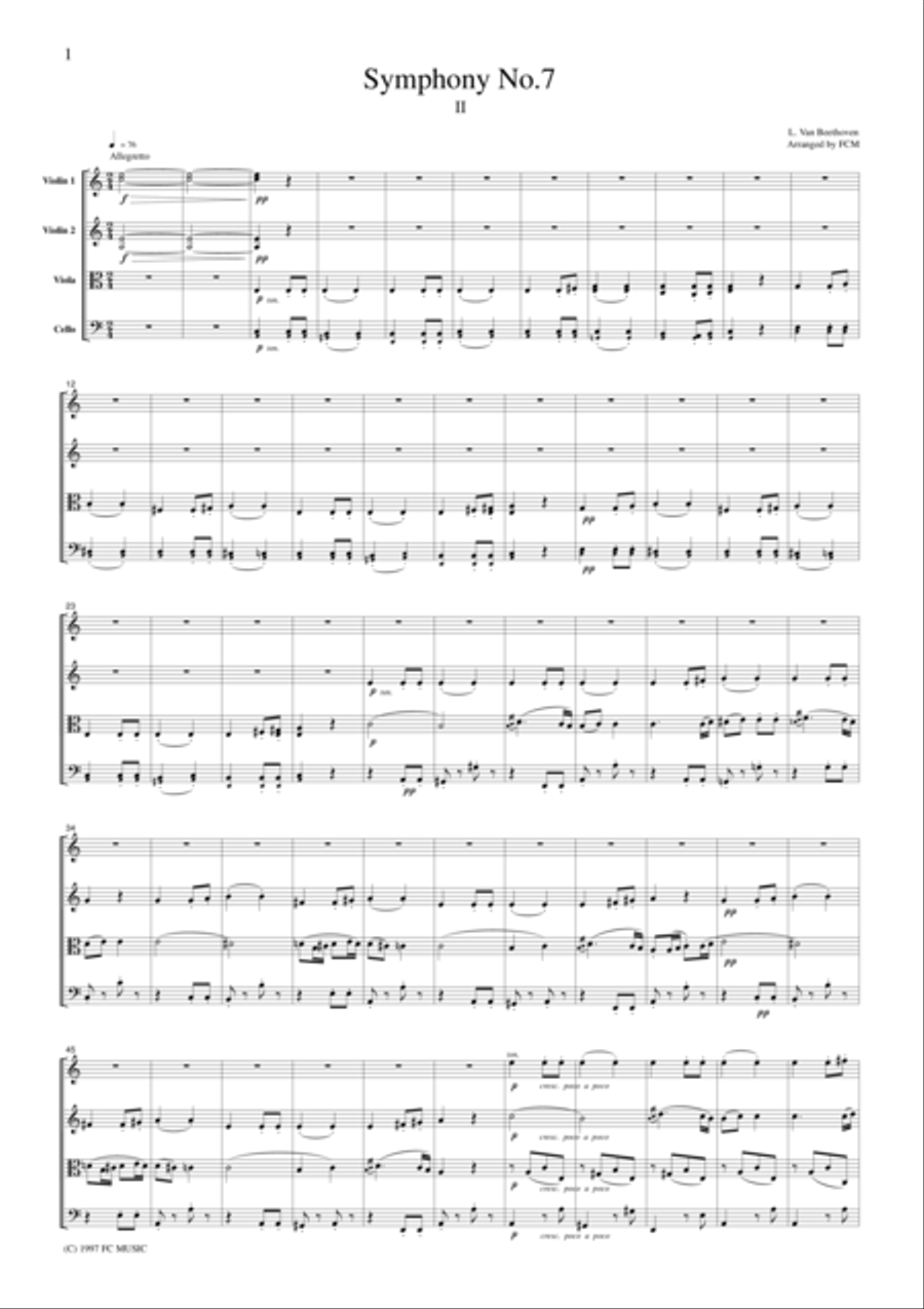 Beethoven Symphony No.7, 2nd mvt., for string quartet, CB003 String Quartet scores gallery preview page 1