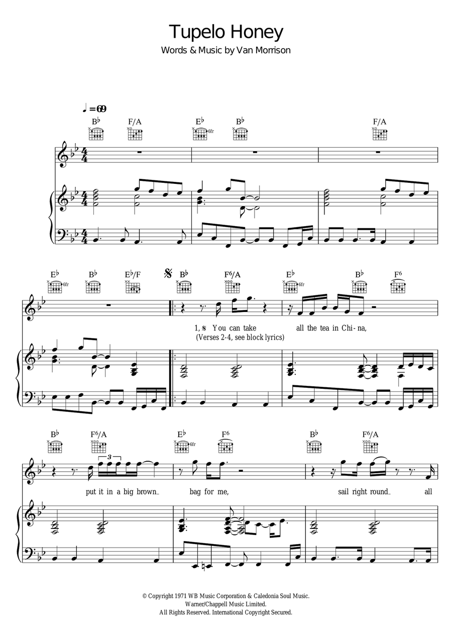 Tupelo Honey Piano, Vocal scores gallery preview page 1