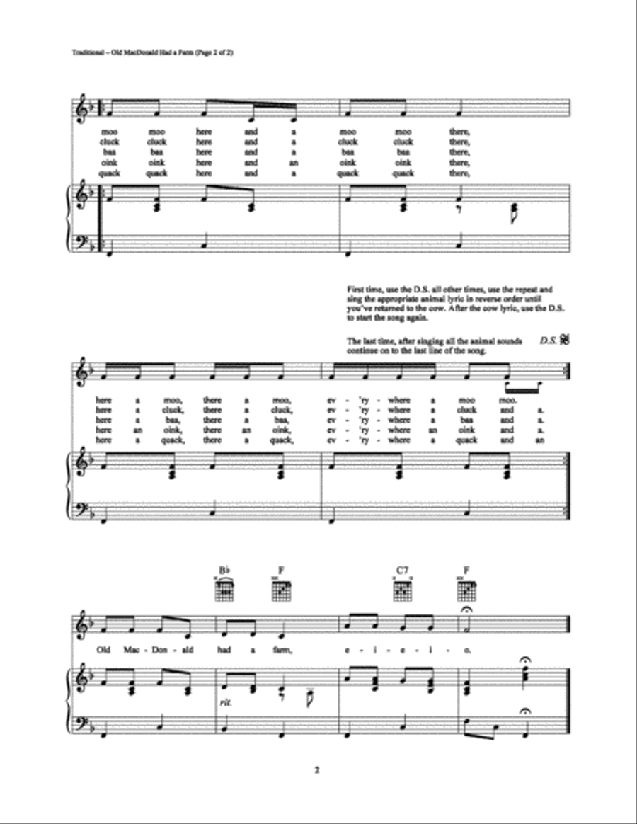 Old MacDonald Had a Farm Piano, Vocal, Guitar scores gallery preview page 2