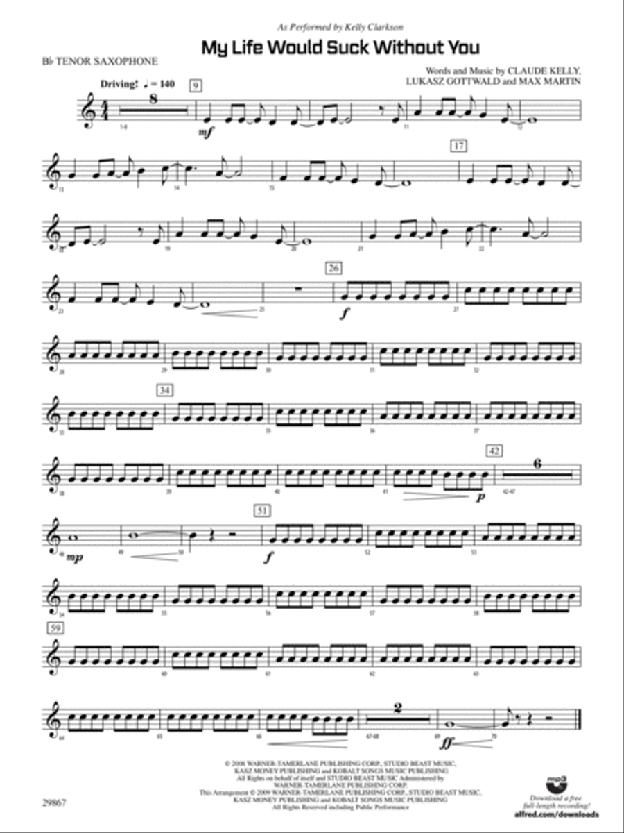 My Life Would Suck Without You: B-flat Tenor Saxophone Concert Band scores gallery preview page 1