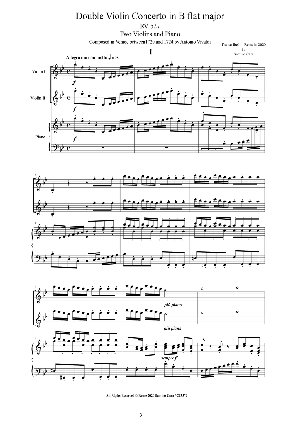 Vivaldi - Double Violin Concerto in B flat major RV 527 for Two Violins and Piano - Score-Parts String Duet scores gallery preview page 3