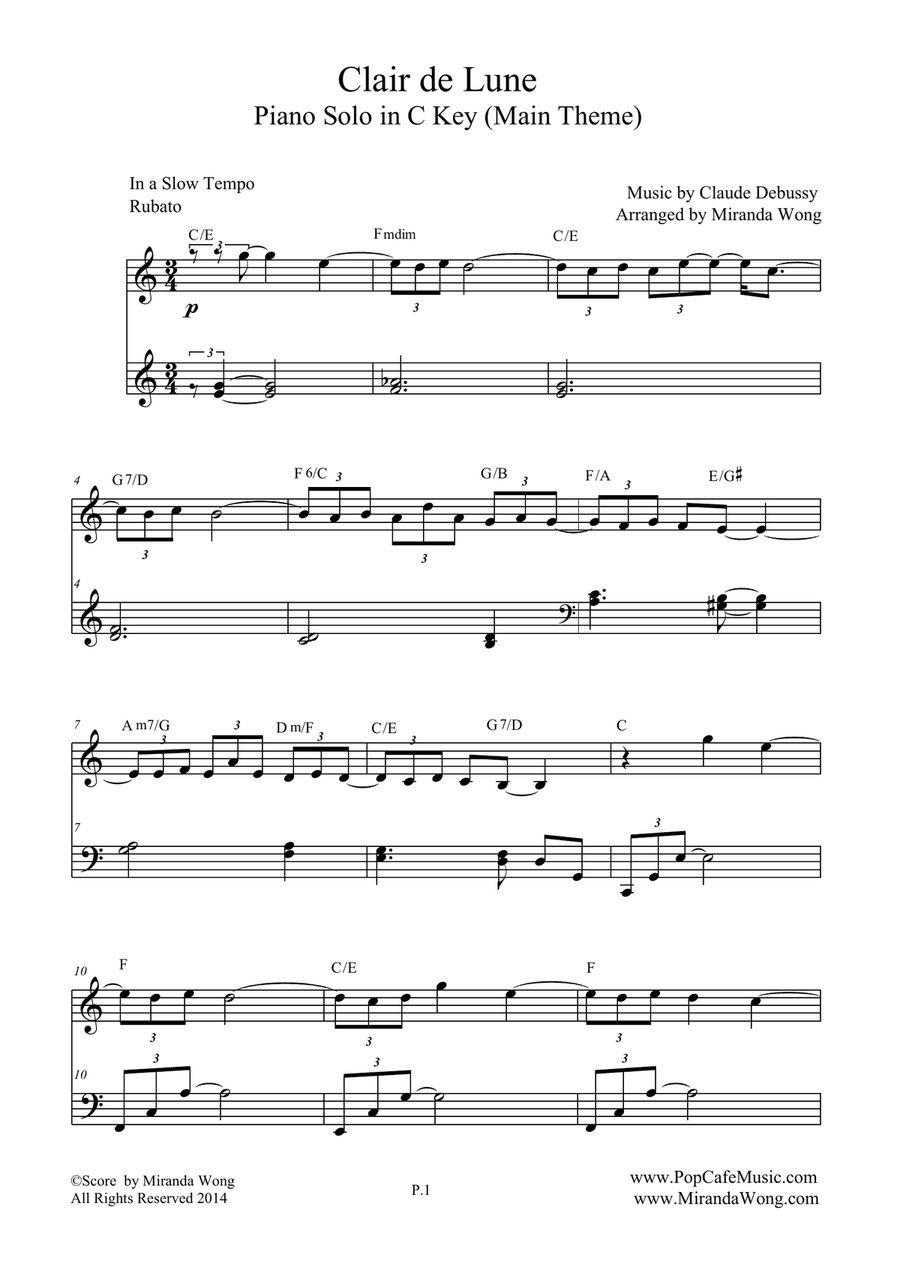 Clair de Lune (from Suite Bergamasque) in C Key - Piano Solo 4-Part scores gallery preview page 2