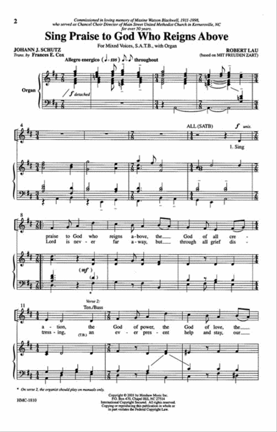 Sing Praise to God Who Reigns Above 4-Part scores gallery preview page 2