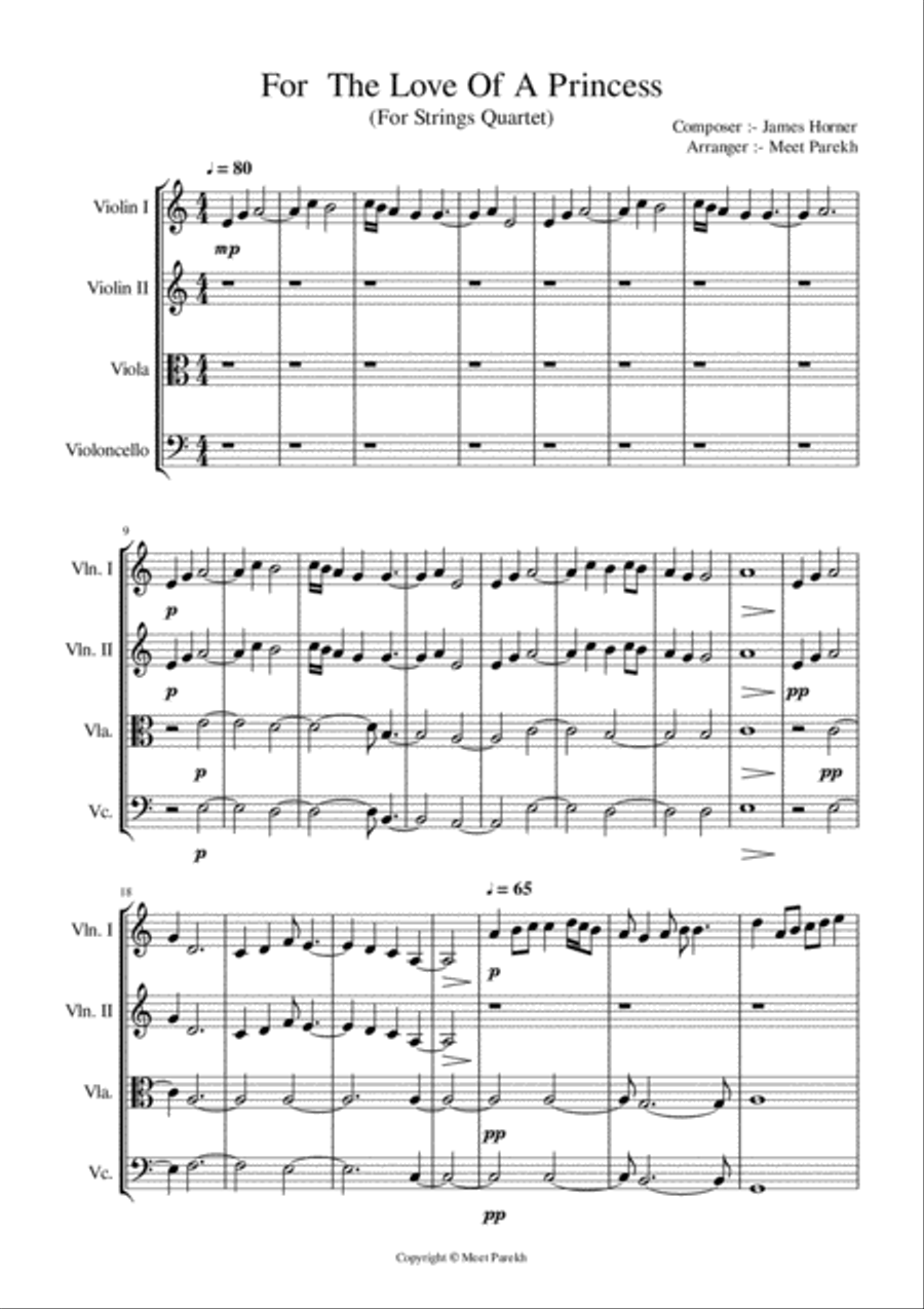 For The Love Of A Princess from the Twentieth Century Fox Motion Picture BRAVEHEART String Quartet scores gallery preview page 1
