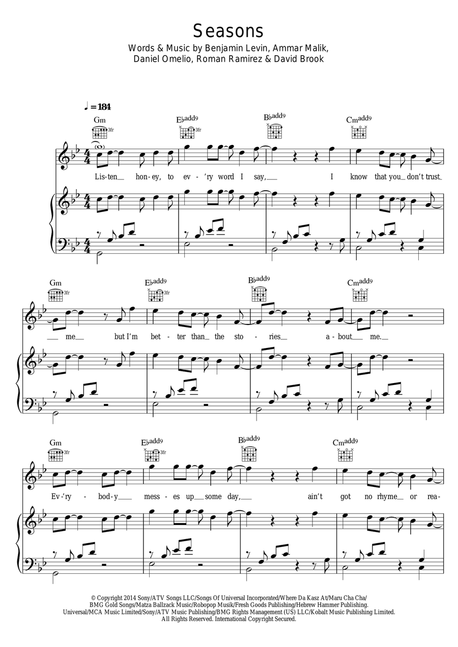 Seasons Piano, Vocal, Guitar scores gallery preview page 1