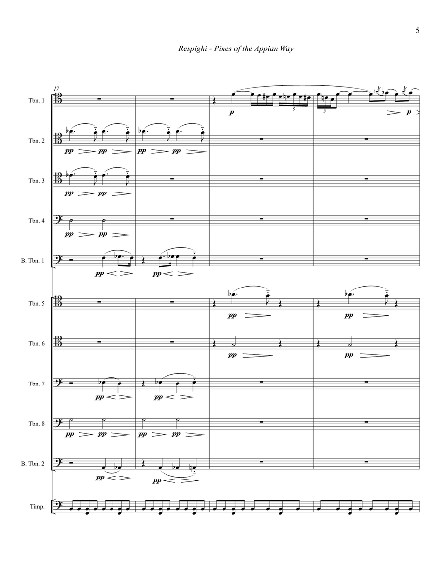 Pines of the Appian Way from Pines of Rome for 10 Trombones & Timpani Large Ensemble scores gallery preview page 5