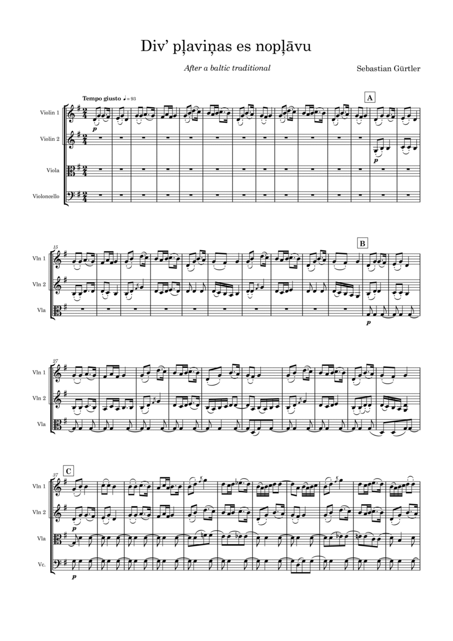 Div' pļaviņas es nopļāvu String Quartet scores gallery preview page 1