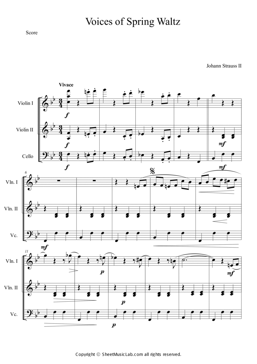 Voice of Spring Waltz Cello scores gallery preview page 1