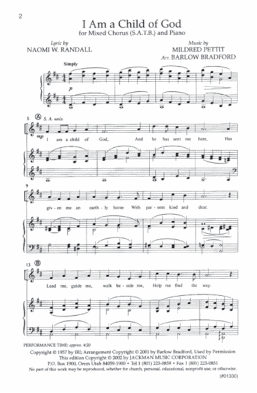 I Am a Child of God - SATB -D. Bradford 4-Part scores gallery preview page 2