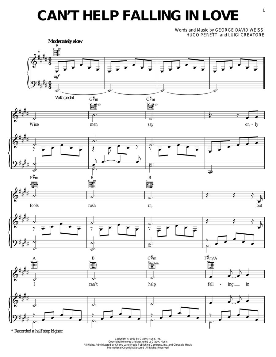 Can't Help Falling In Love Piano, Vocal, Guitar scores gallery preview page 1