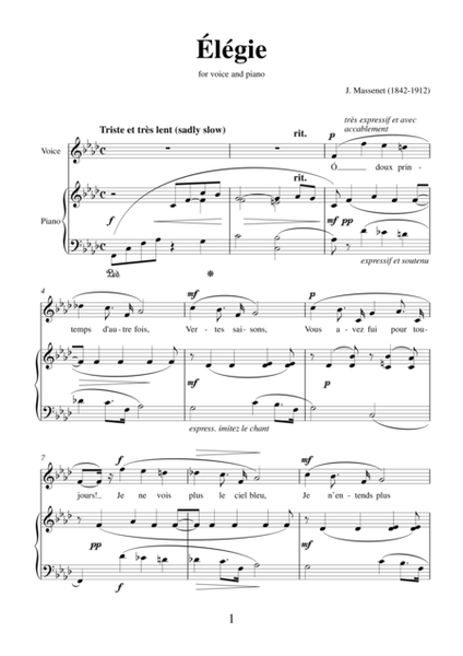 Elegie by Jules Massenet, transcription for voice and piano
