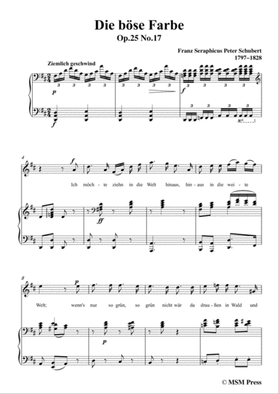 Schubert-Die böse Farbe,from 'Die Schöne Müllerin',Op.25 No.17,in D Major,for Voice&Piano Voice scores gallery preview page 3