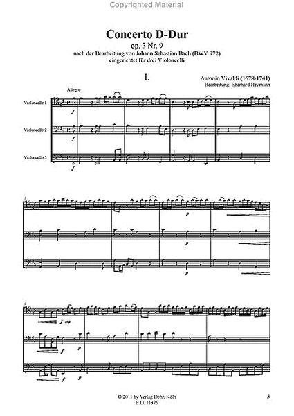 Concerto D-Dur op. 3/9 "L'Estro Armonico" (für Violoncello-Trio) (nach der Bearbeitung von Johann Sebastian Bach (BWV 972))