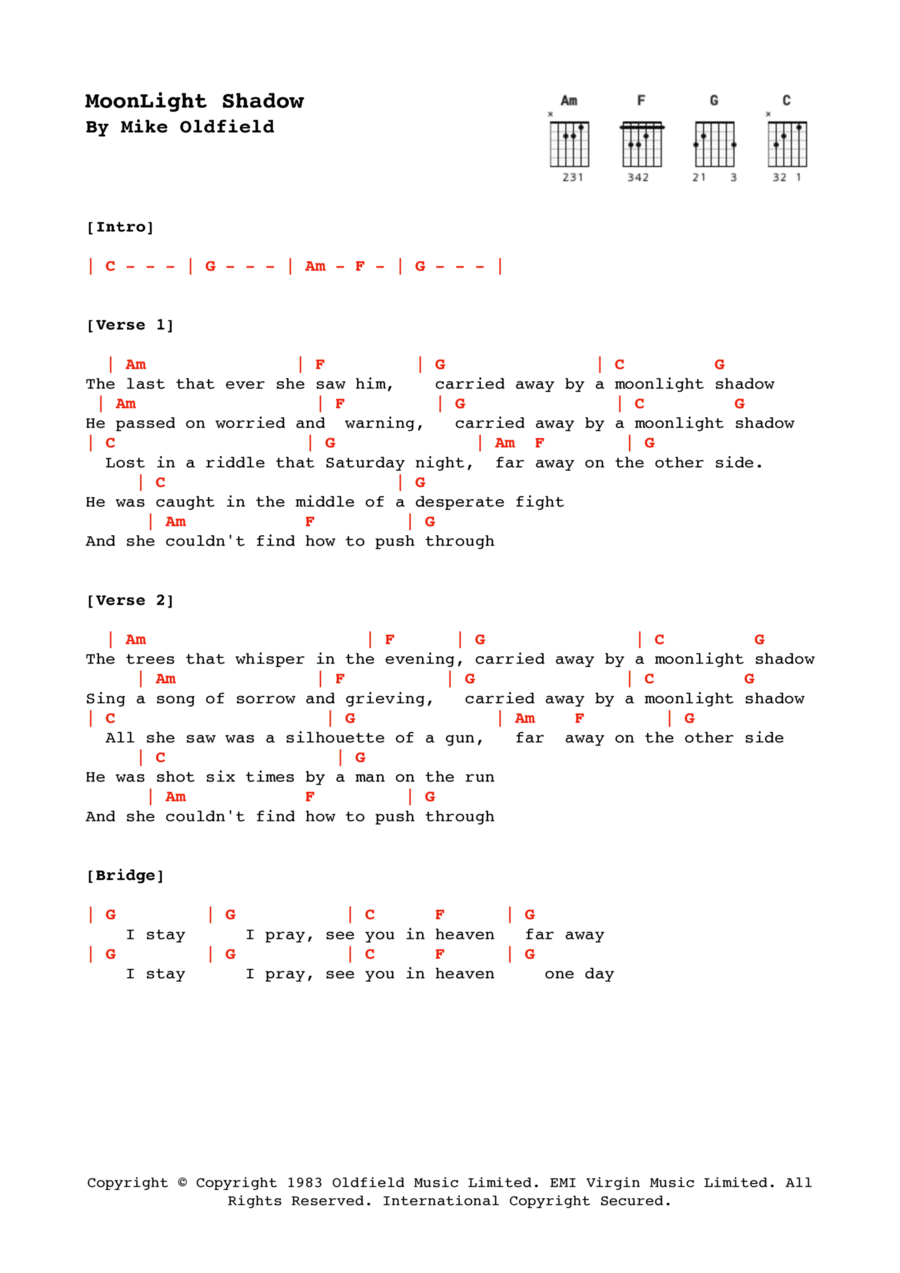 Moonlight Shadow Electric Guitar scores gallery preview page 1