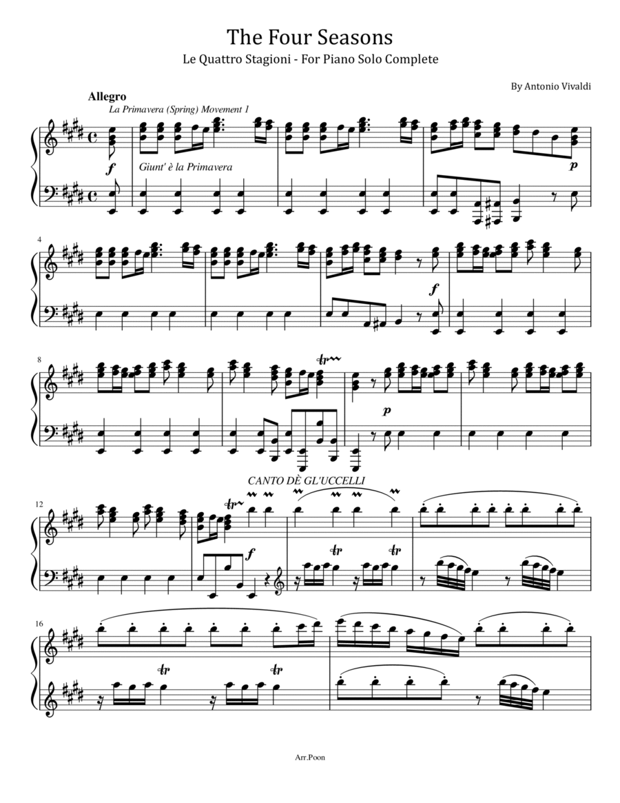 Vivaldi - The Four Seasons - Le Quattro Stagioni - For Piano Solo Complete Piano Solo scores gallery preview page 1