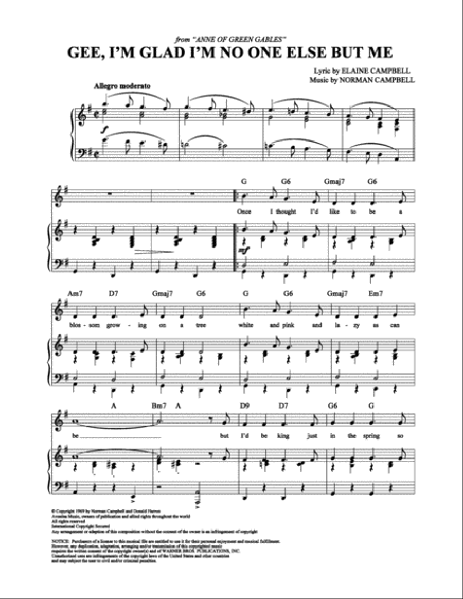 Gee, I'm Glad I'm No One Else But Me Piano, Vocal, Guitar scores gallery preview page 1