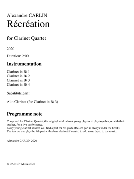 Recreation for Clarinet quartet - Score & parts image number null