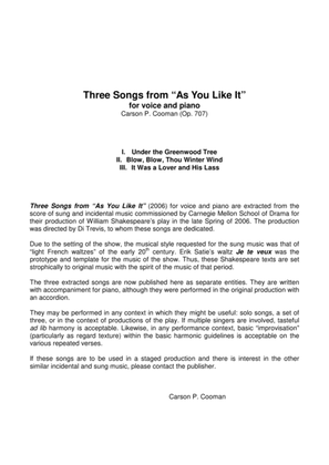 Carson Cooman :Three Songs from "As You Like It" for voice and piano