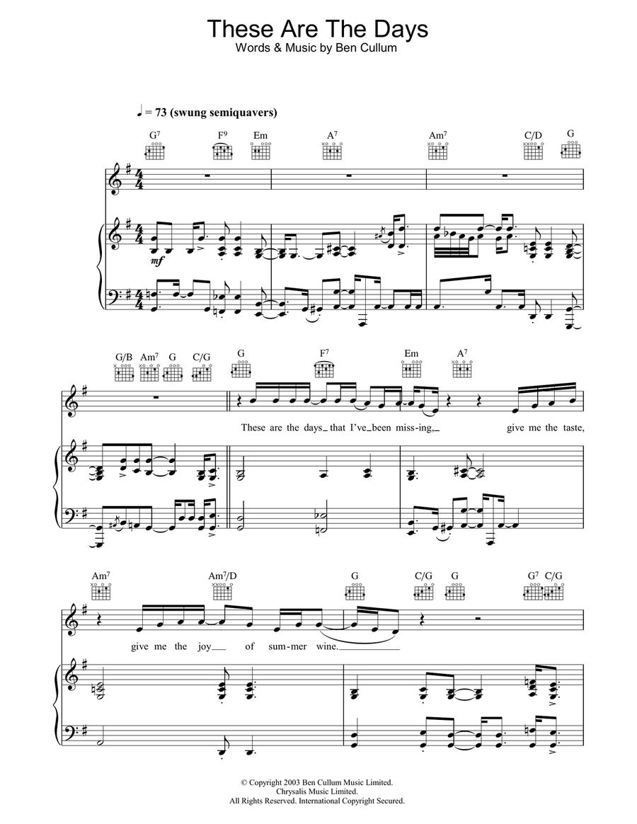 These Are The Days Piano, Vocal, Guitar scores gallery preview page 1