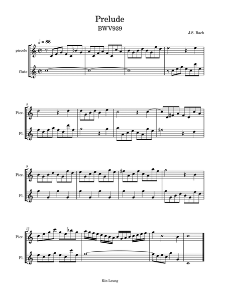 Prelude BWV 939 for piccolo and flute duet image number null