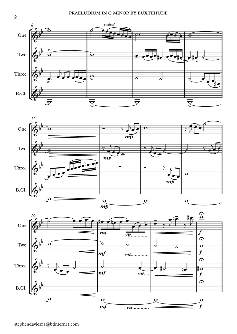 Praeludium & Fugue in G Minor by Dietrich Buxtehude (Buxwv148) for Clarinet Quartet. Clarinet Quartet scores gallery preview page 2