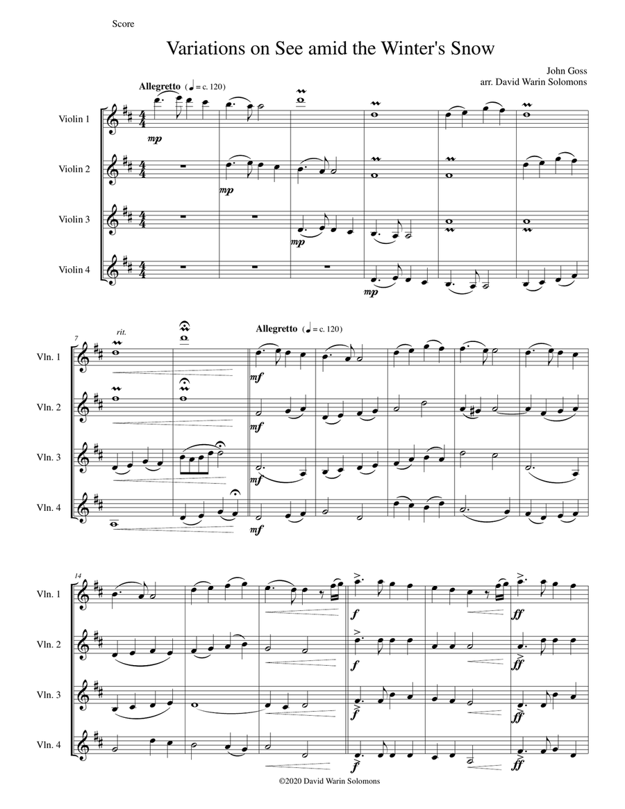 Variations on See amid the Winter's Snow for violin quartet Violin Solo scores gallery preview page 1