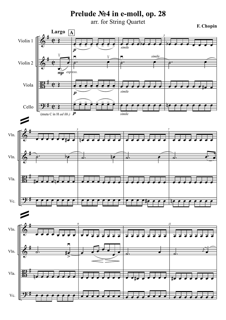 F. Chopin - Prelude №4 in e-moll, op. 28, arr. for String Quartet String Quartet scores gallery preview page 1