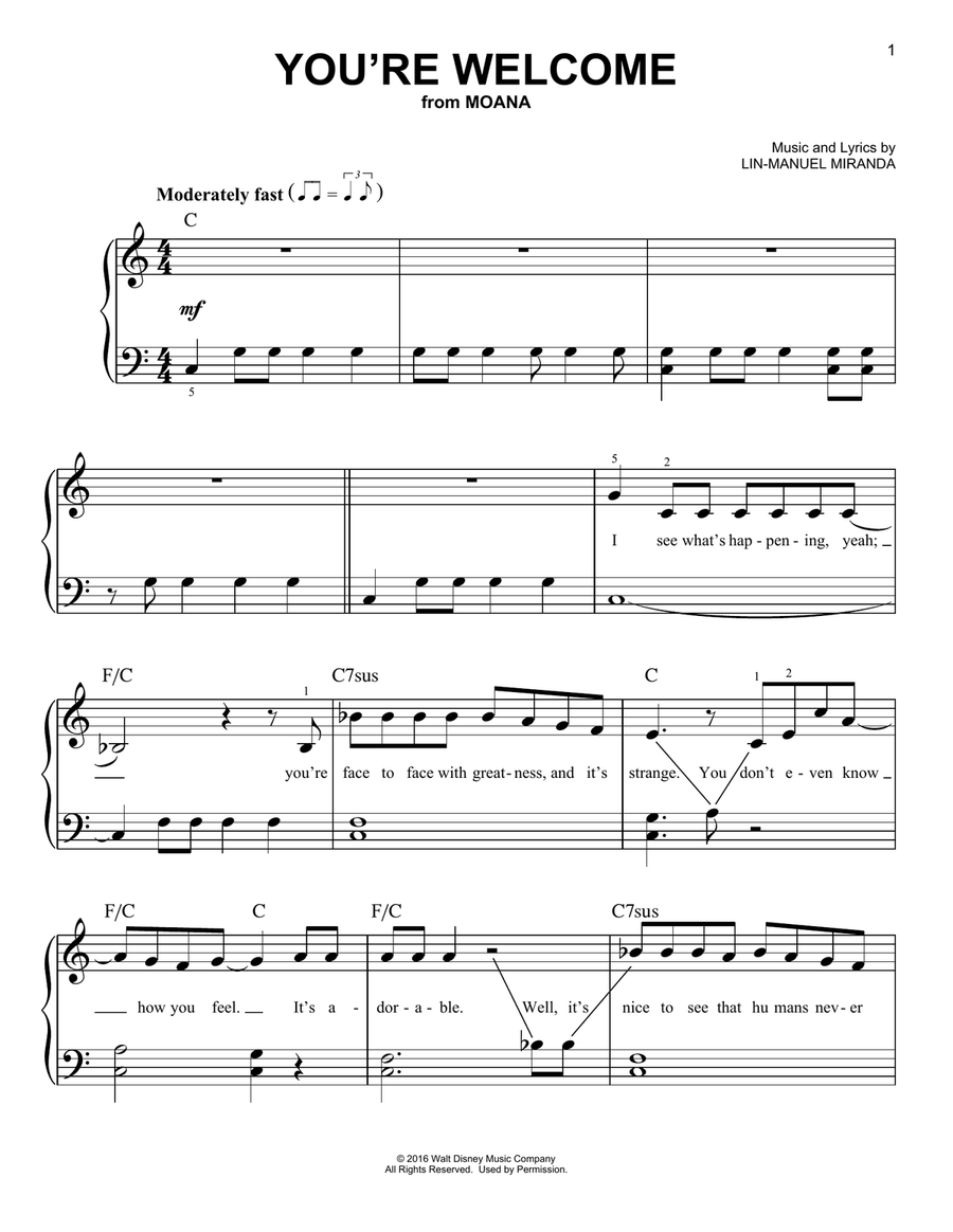 You're Welcome (from Moana) Easy Piano scores gallery preview page 1