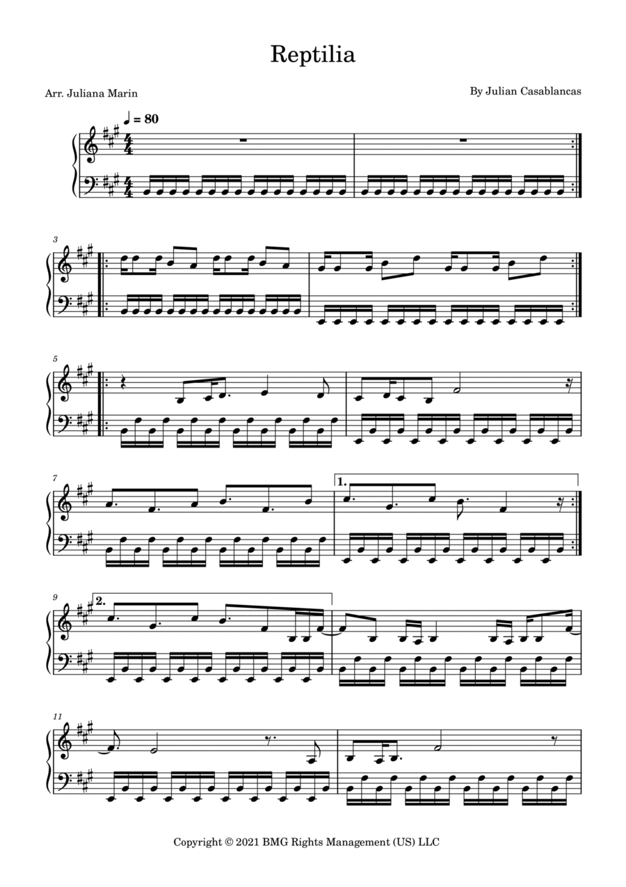 Reptilia Piano Solo scores gallery preview page 1