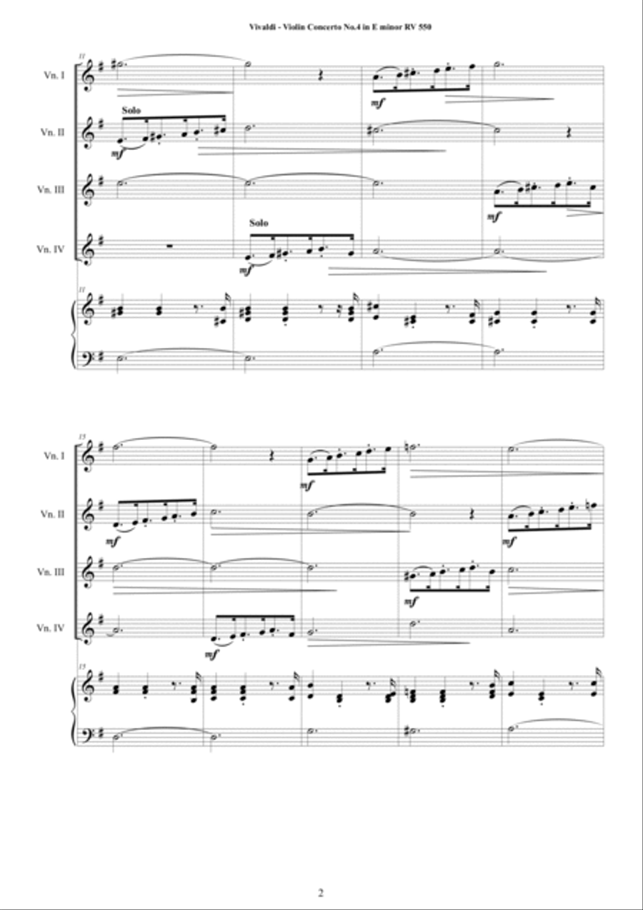 Vivaldi - Violin Concerto No.4 in E minor Op.3 RV 550 for 4 Violins and Piano String Quartet scores gallery preview page 2