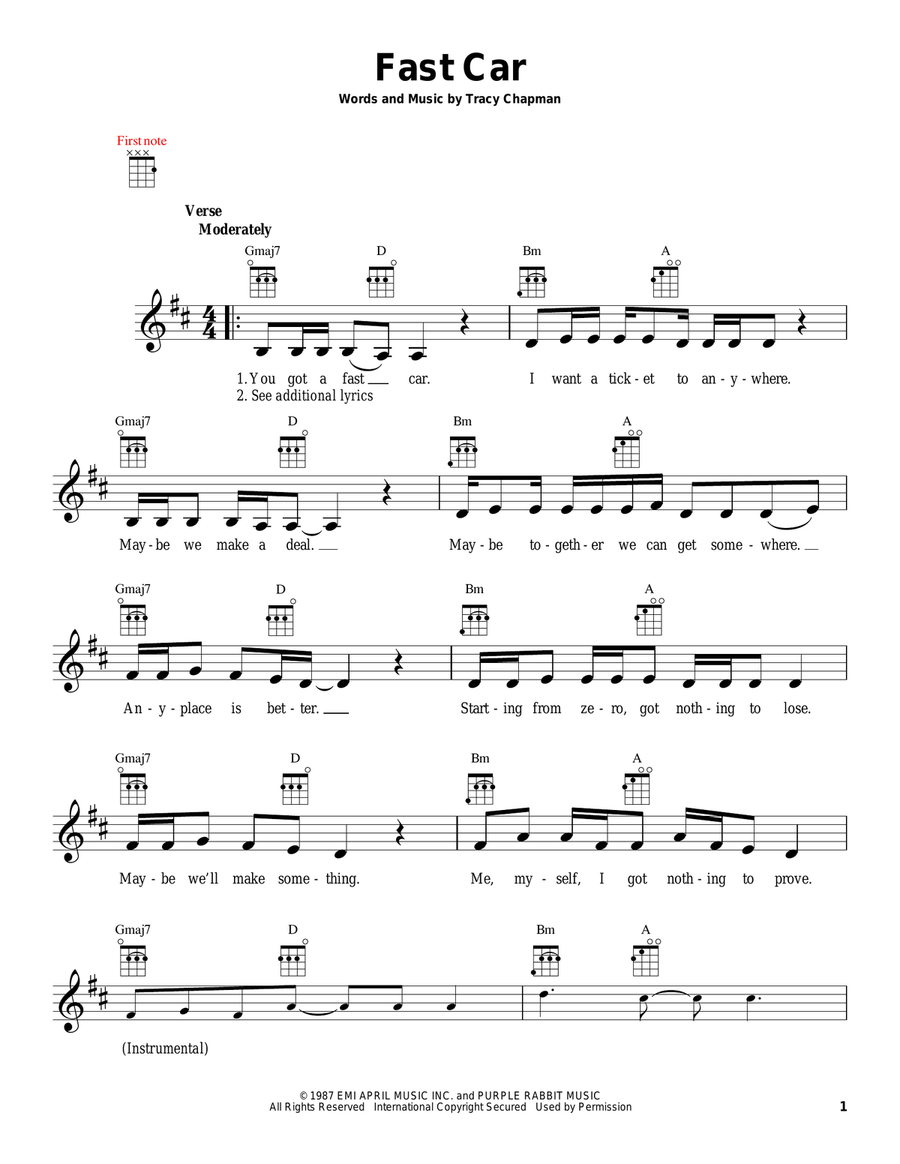 Fast Car Ukulele scores gallery preview page 1