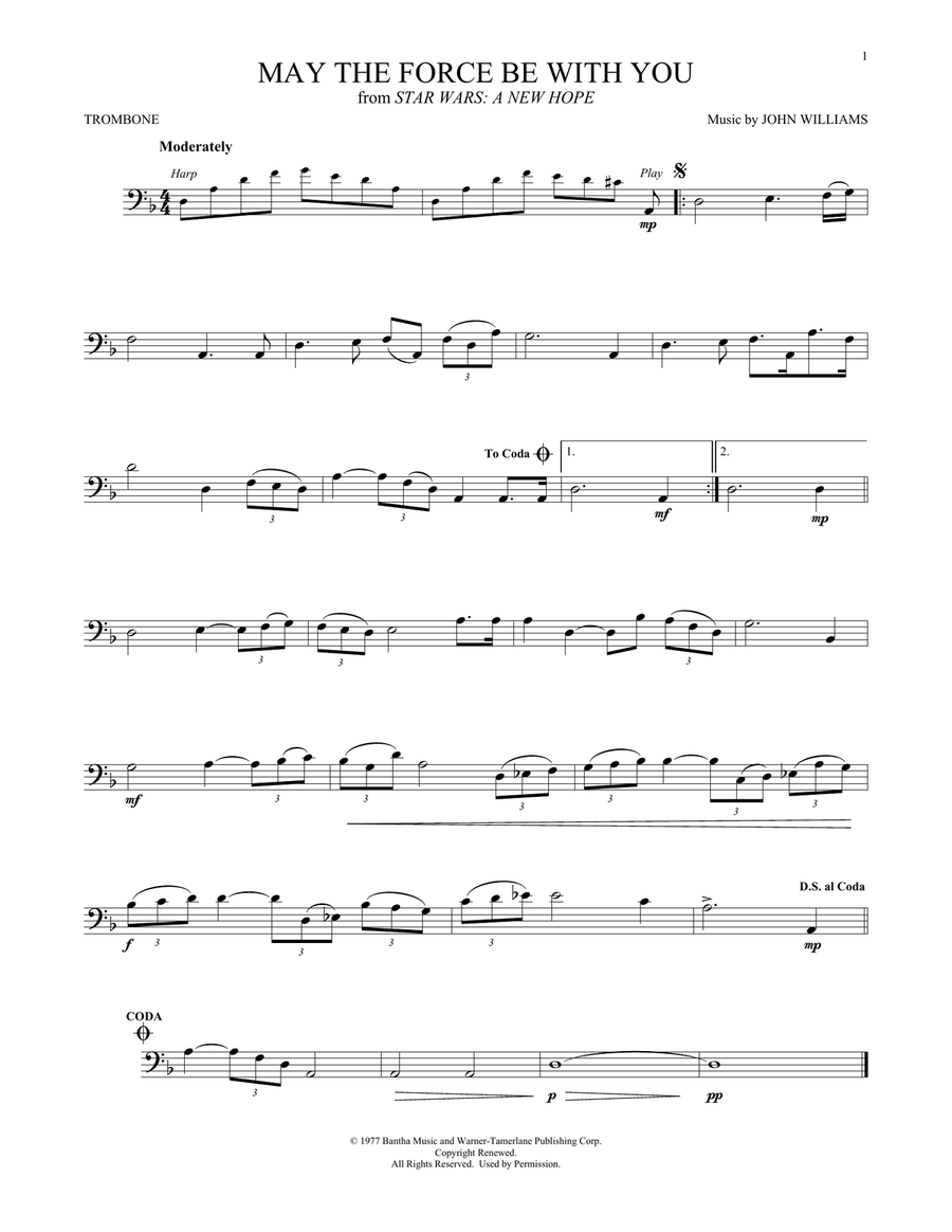 May The Force Be With You (from Star Wars: A New Hope) Trombone Solo scores gallery preview page 1
