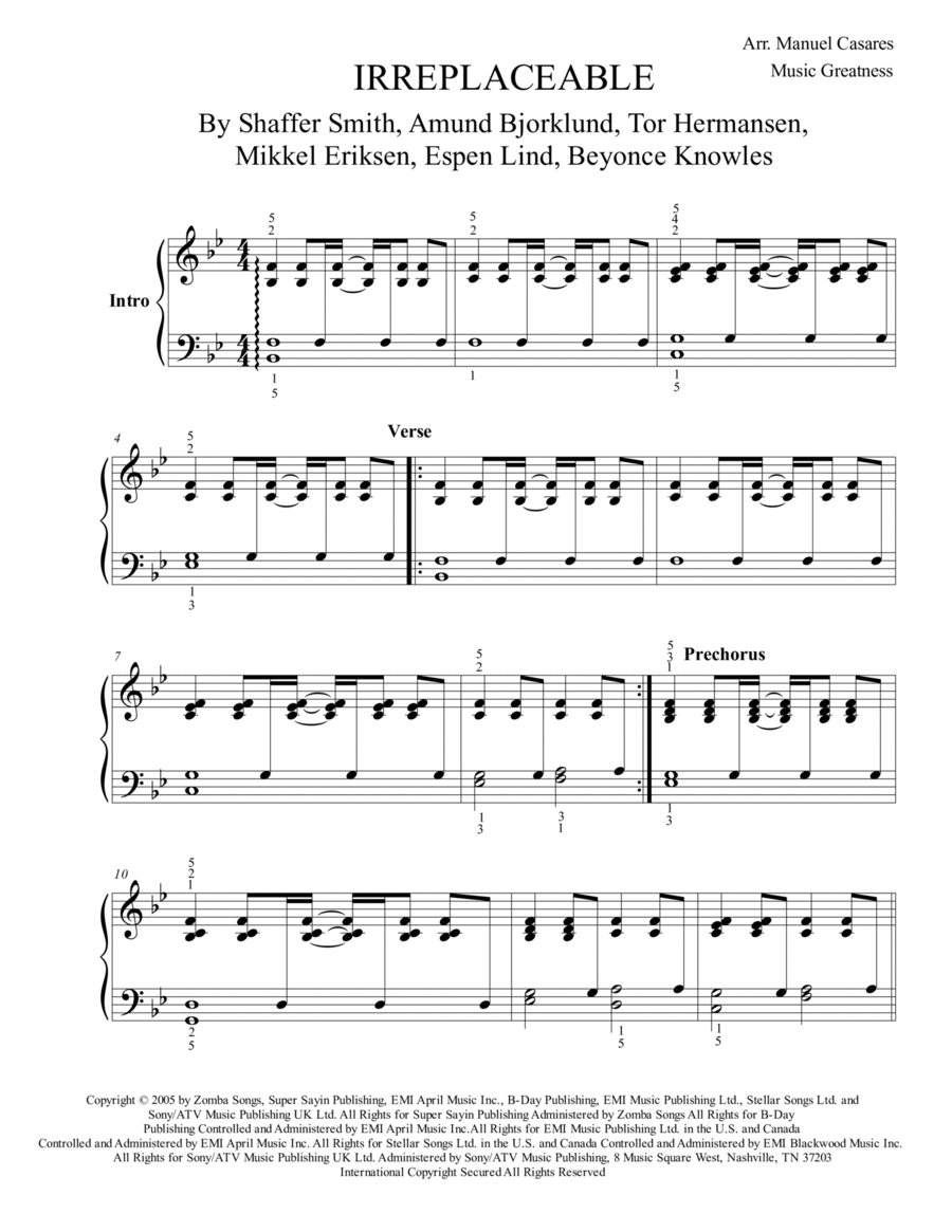 Irreplaceable Piano Solo scores gallery preview page 1