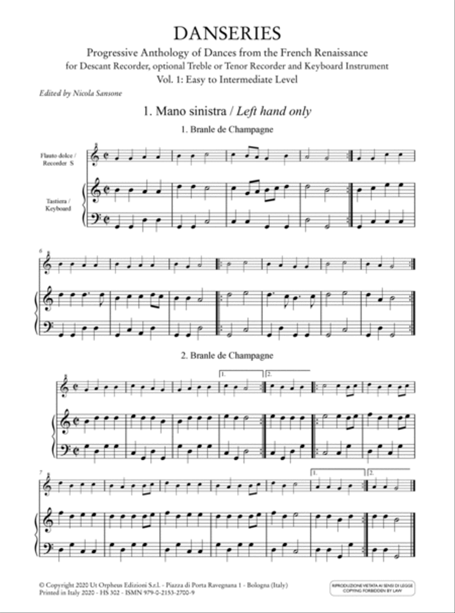 Danseries. Progressive Anthology of Dances from the French Renaissance for Descant Recorder, optional Treble or Tenor Recorder and Keyboard Instrument - Vol. 1: Easy to Intermediate Level Soprano Recorder scores gallery preview page 2