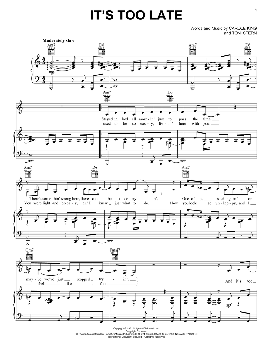 It's Too Late Piano, Vocal, Guitar scores gallery preview page 1