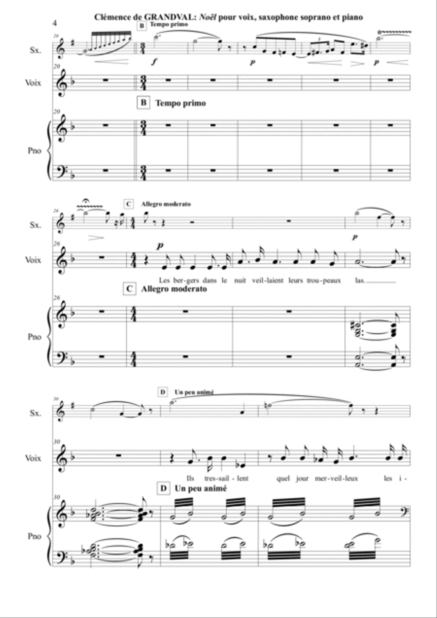 Clemence de Grandval : Noel for voice, soprano saxophone and piano Chamber Music scores gallery preview page 4